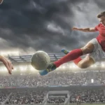 Jugador de fútbol en acción, saltando para patear el balón en un estadio lleno de espectadores bajo un cielo nublado.