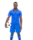 Jugador de fútbol con uniforme azul sosteniendo un balón de fútbol, posando frente a un fondo gris.