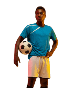 Joven futbolista de pie con una pelota de fútbol en la mano, vistiendo camiseta azul y pantalones cortos blancos, mostrando confianza y actitud deportiva.